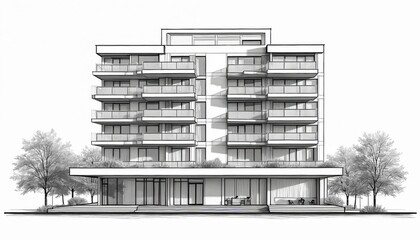 Architectural blueprint illustrates modern two-story apartment complex exterior. Clean lines define building structure with multiple balconies, large windows, entrance. Plan shows residential