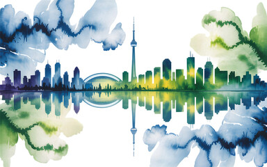 Watercolor painting of the toronto skyline isolated on transparent background