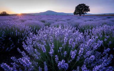 Obraz premium Lavender field with tree and mountain in the background at sunset