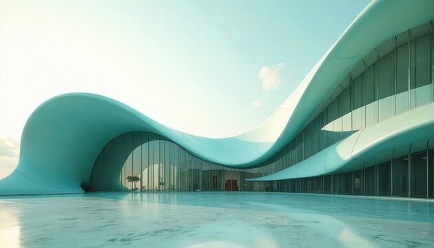 Futuristic teal wave architecture features flowing organic lines, smooth curves. Modern building exterior design contemporary, abstract style with minimal geometric elements. Innovative structure