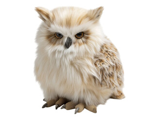 Obraz premium PNG of A fluffy, realistic owl with striking eyes perched gently, showcasing its intricate feather patterns in soft, muted colors. - on Transparent or White BG