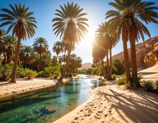 Oasis with River, Palm Trees, and Sandy Banks