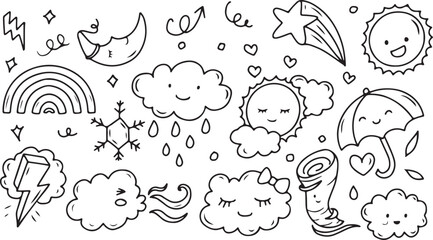 Weather Doodle Set – Cloud, Rain, Sun, Storm, Snow, Seasons, Vector, Hand-Drawn
