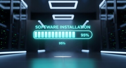 A glowing blue progress bar displays software installation at ninety-five percent within a sleek digital interface.