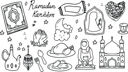 Ramadan Kareem Doodle Set – Islamic, Mosque, Crescent, Lantern, Festival, Hand-Drawn, Religious Vector