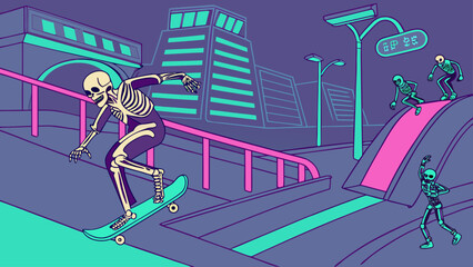Skeletons embrace urban skateboarding culture riding skateboards and performing tricks in a vibrant city with neon like colors and futuristic architecture