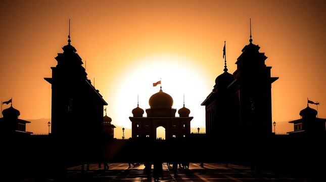 naa dam festival Silhouette of a Majestic Building at Sunset with Golden Sky and Flags