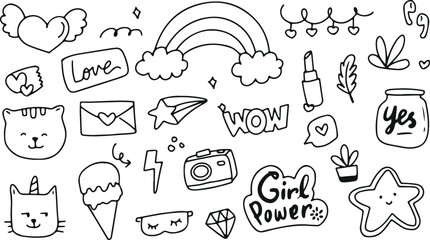 Girl Power Doodle Set – Rainbow, Clouds, Lipstick, Hearts, Fun Feminine Icons