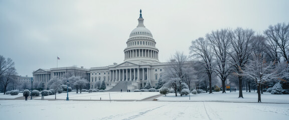 Fototapeta premium Winter snowfall at the u.S. Capitol building washington d.C. Landscape photography cold environment wide angle view government concept