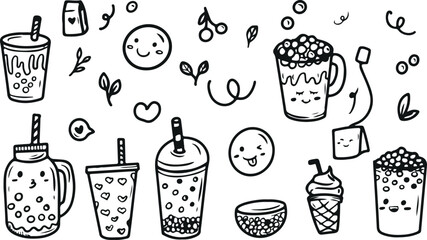 Bubble Tea Doodle Vector Set – Milk Tea, Boba Drink, Tapioca Pearls, Cute Cup, Hand Drawn, Dessert, Sweet Beverage, Kawaii Design