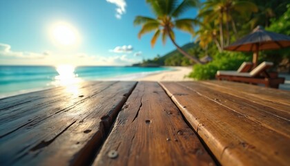 Fototapeta premium Rustic wooden table on tropical beach with blurred background. Palm trees, lounge chairs, umbrella, bright sun create paradise vacation feel. Natural wood texture prominent in foreground, ideal for