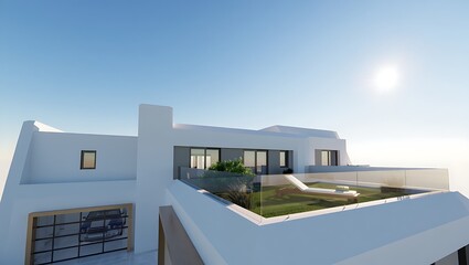 Fototapeta premium Modern Minimalist Architecture with Rooftop Terrace and Clean White Facade Under Clear Blue Sky for Sustainable Living and Design Inspiration