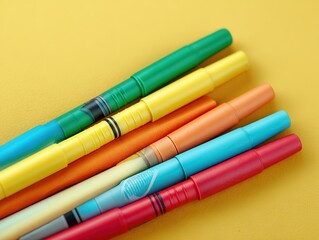 Fototapeta premium Soft Light Flat Lay of Colored Markers on Yellow Paper, Pastel Elegant Background for Art Design
