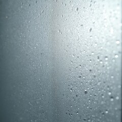 Close-up texture of frosted glass with fine grainy effect, silvery tone. Small water droplets create soft, almost metallic appearance, reflecting light. Surface pattern perfect for backgrounds,