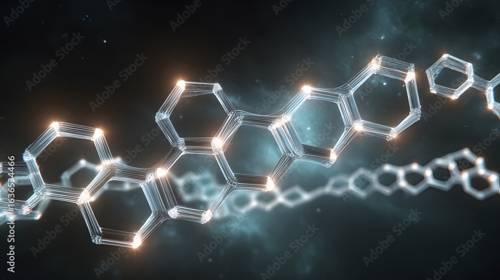 Poster abstract illustration of hexagonal molecular structures.