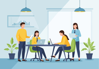 A diverse team of professionals collaborates in a modern office setting, working together on laptops and discussing business strategy during a meeting