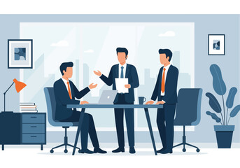Three businessmen in suits having a meeting in a modern office, discussing business strategy and planning for success