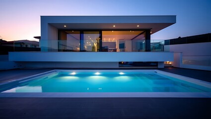 Fototapeta premium Modern villa with swimming pool at twilight showcasing luxury living and architectural design providing a serene and peaceful atmosphere for relaxation