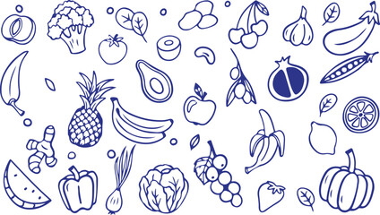 Fruit and Vegetable Doodle Set – Healthy Food, Organic Produce, Hand Drawn Illustration