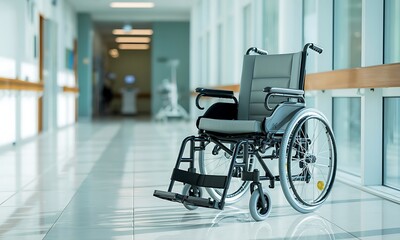 Empty Wheelchair in a Bright Hospital Corridor with a Reflective Tiled Floor