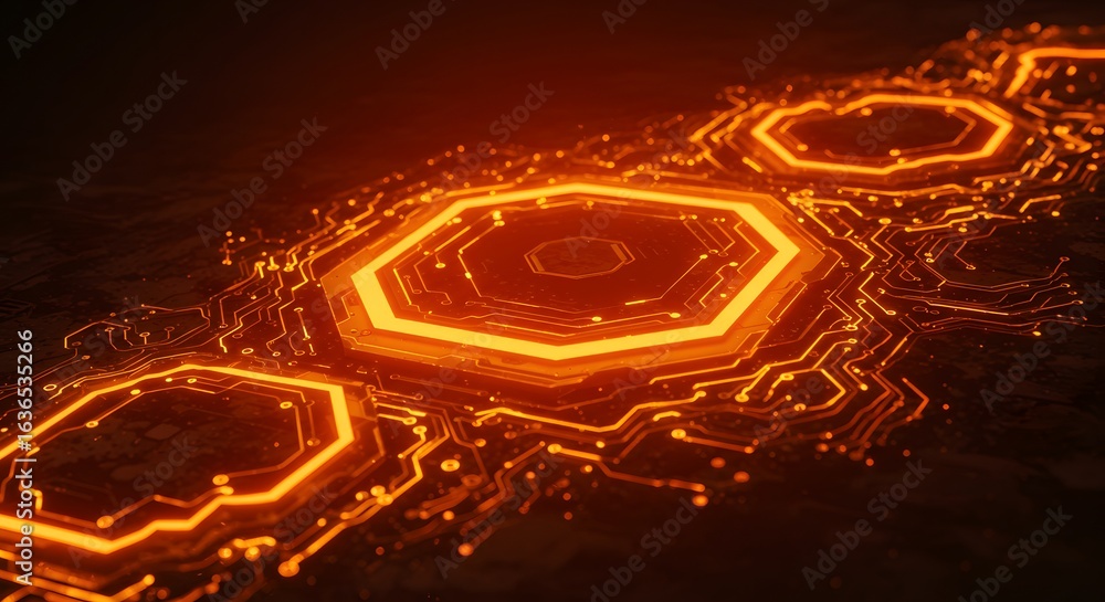 Poster glowing orange hexagonal circuit board pattern on a dark surface technology abstract design artwork