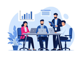 Diverse business team collaborating in a modern office setting, discussing strategy and analyzing growth charts during a productive meeting