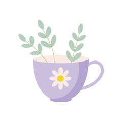 Vintage teacup bouquet filled with daisies and lavender vector art illustration