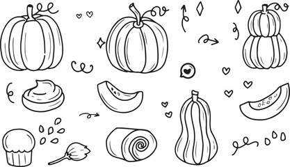 Pumpkin and Vegetable Doodle Clipart – Hand Drawn, Food, Harvest, Organic, Outline, Farm, Autumn, Healthy, Nature, Isolated, Marker, Cartoon, Black and White, Fresh, Cooking, Seasonal, Design, Clipart