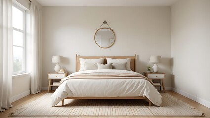 Serene and Minimalist Bedroom Interior Design with Natural Light and Wooden Accents for Relaxation and Comfort