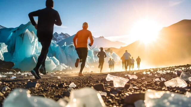 A group of runners sprints toward a setting sun. They pass by large ice formations and a rocky terrain. Mountains in background