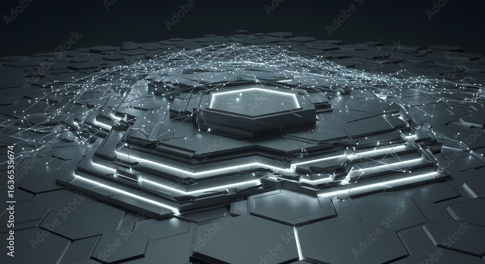 Poster abstract futuristic platform with hexagonal tiles and glowing network of connected points
