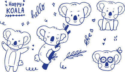 Koala Doodle Set – Cute Animal, Hello Text, Leaf, Branch, Kawaii, Cartoon, Hand-Drawn, Vector, Outline, Sketch, Character, Adorable, Nature, Wildlife, Fun, Illustration, Black and White
