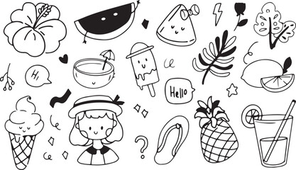Cute Christmas Doodles – Santa Hat, Cocoa, Candy Cane, Gift, Pineapple, Hand-Drawn, Vector, Kawaii, Cartoon, Winter, Holiday, Outline, Sketch, Festive, Fun, Icon, Decoration, Black and White