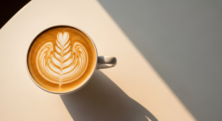 Top view of a cup of cappuccino with latte art on a white table, minimal background, warm morning light, large empty space on the right side for text, clean and modern aesthetic