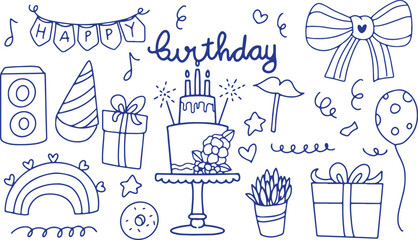 Birthday Party Celebration Doodles – Cake, Gift, Cupcake, Balloons, Hand-Drawn, Vector, Festive, Cute, Cartoon, Outline, Sketch, Decoration, Kawaii, Sweet, Party, Invitation, Design, Icon