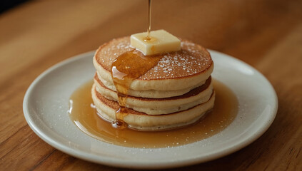 Photo of golden syrup is poured over a stack of freshly made pancakes with a melting butter square on top served on a white plate
