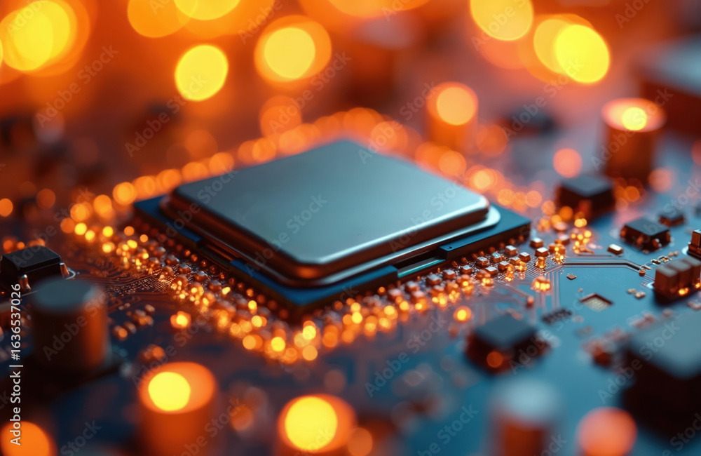 Poster close-up of cpu on circuit board, glowing orange bokeh background. intense heat, processing power th