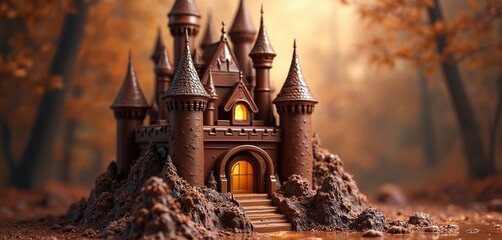 Intricate chocolate castle masterpiece. Fantasy architecture sculpture crafted from delicious dark chocolate. Detailed towers, ornate windows, whimsical fairytale design. Luxurious confectionery art,