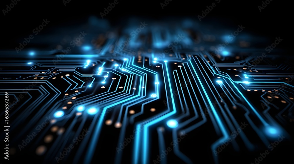Aufkleber close-up view of illuminated circuit board pathways.
