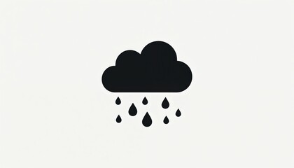 Minimalist black rain cloud icon with falling water drops. Simple modern visual silhouette, clean design. Perfect for weather apps, logos, web icons, and graphic design projects.