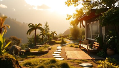 Rolling Green Meadows Framed by Mountain Range