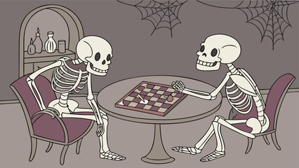 Two skeletons enjoying a game of checkers by candlelight in a spooky room adorned with cobwebs