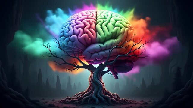 Colorful brain tree in mystic forest