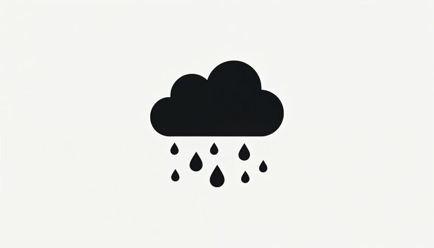 Minimalist black rain cloud icon with falling water drops. Simple modern visual silhouette, clean design. Perfect for weather apps, logos, web icons, and graphic design projects.