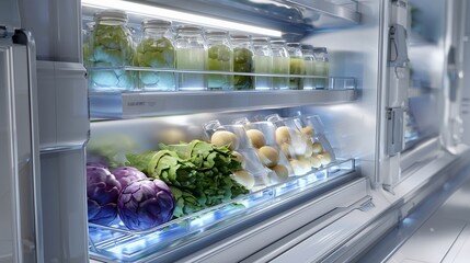 A futuristic kitchen with a transparent refrigerator showing neatly organized