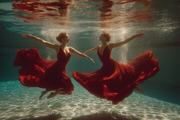 Two synchronized swimmers performing elegant aquatic routine in crystal clear blue pool