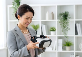 Photo of woman holding a virtual reality headset in a modern office