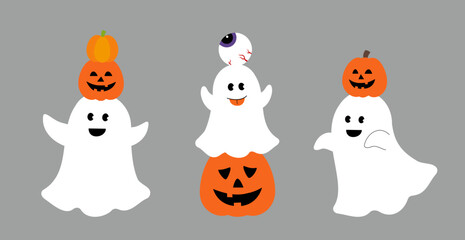 Set of cute Halloween white ghosts with pumpkins.
Halloween sheet ghost flat vector illustration.
Good for greeting card,poster, banner, leaflet.