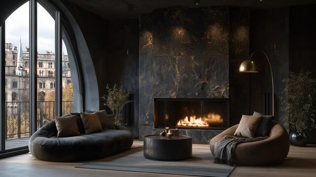 Discover a chic urban loft featuring moody concrete textures, a cozy open fire, and elegant lighting over plush seating.
