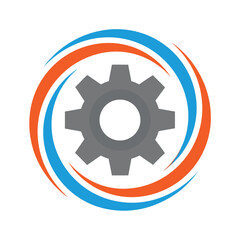 Grey Gear with Blue and Orange Swirls on White Background mechanical industry